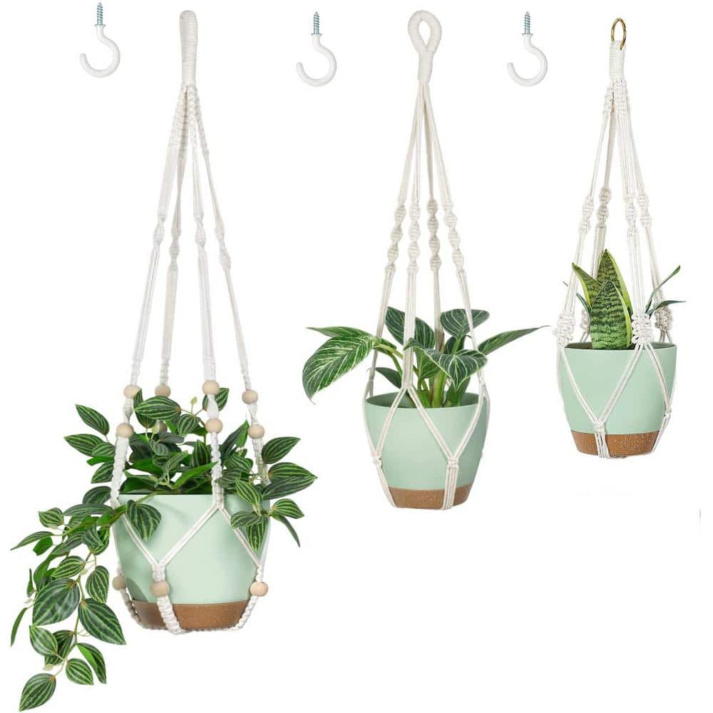 Green Plastic Indoor/Outdoor Hanging Planter with Macrame 3 Different Size 