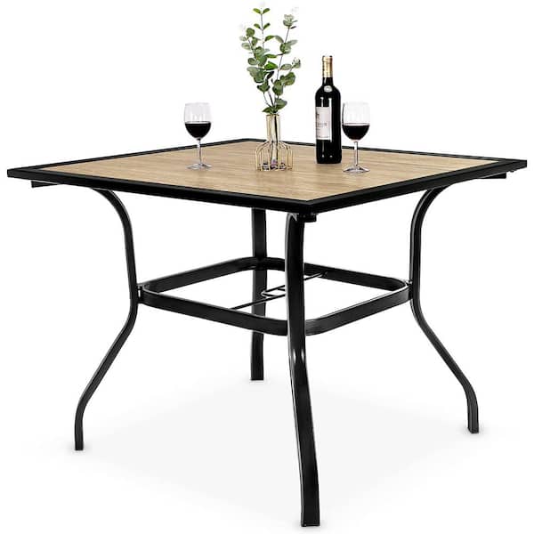 Bigroof 37 in. Metal Square Imitation Wood Grain Design Top Patio Dining Table with 1.57 in. Umbrella Hole