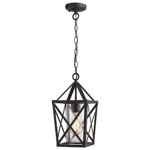 1-Light Black Outdoor Industrial Pendant Light with Clear Glass Shade