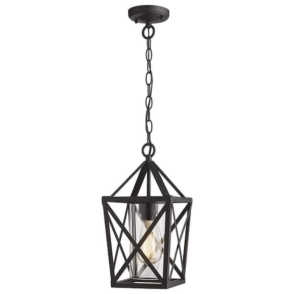 JAZAVA 1-Light Black Outdoor Industrial Pendant Light with Clear Glass Shade
