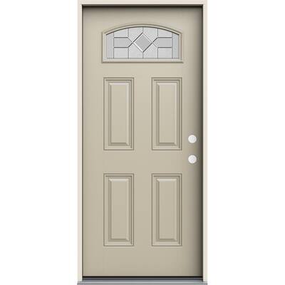36 in. x 80 in. Left-Hand/Inswing Camber Top Caldwell Decorative Glass Desert Sand Fiberglass Prehung Front Door