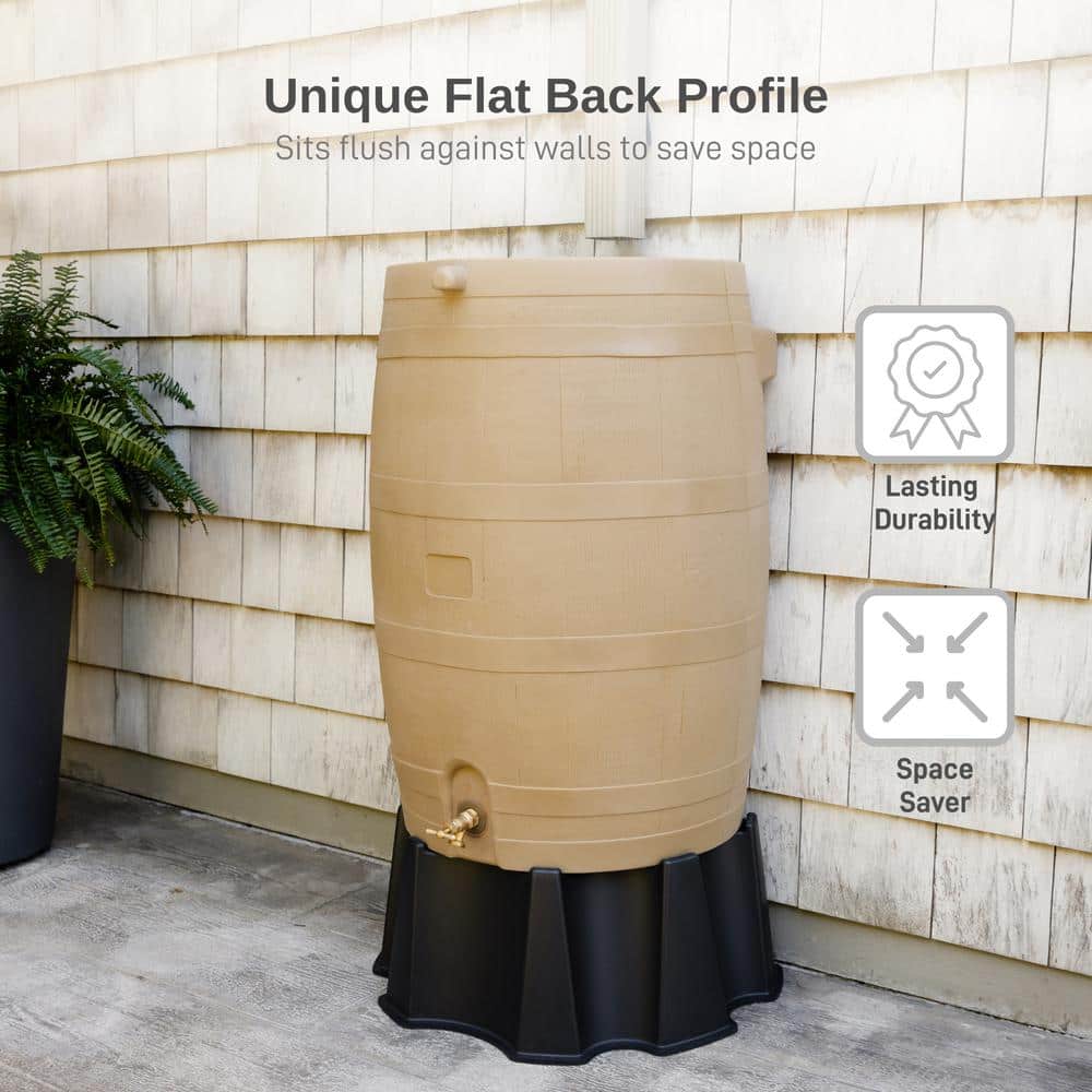 Tan Oak Polyethylene Rain Barrel with Brass Spigot, 50 Gallon