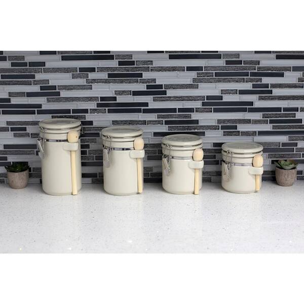 4 Piece Ceramic Canister Set With Beige Easy Open Air Tight Clamp Top Lid And Wooden Spoons Hdc69914 The Home Depot