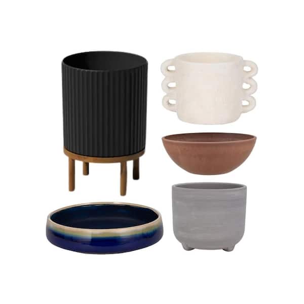 Mid Century Modern Ceramic, Terra Cotta, and Plastic Decorative Planter Set (5-Pack)