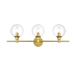 Simply Living 28 in. 3-Light Modern Brass Vanity Light with Clear Round Shade