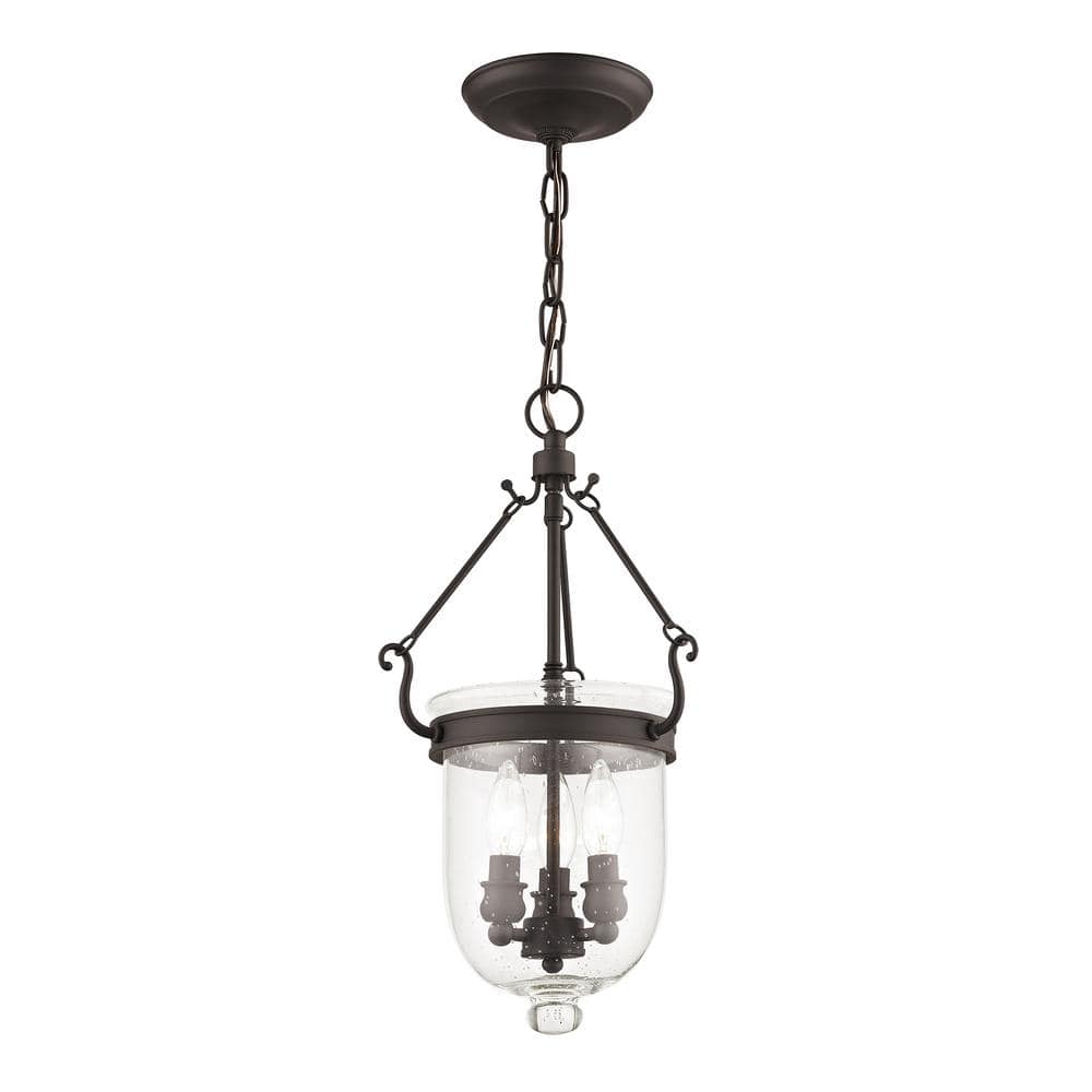Bronze Seeded Glass 3-Light Indoor/Outdoor Bell Jar Lantern