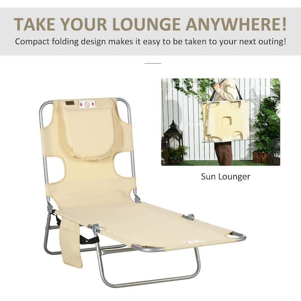Unbranded Metal Outdoor Chaise Lounge with Face Hole, Arm Slots, and Beige Cushions, 5 Level Adjustable with Pillow