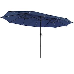 15 ft.  Solar LED Patio Outdoor Double-Sided Market Umbrella with 48-Lights Crank in Navy