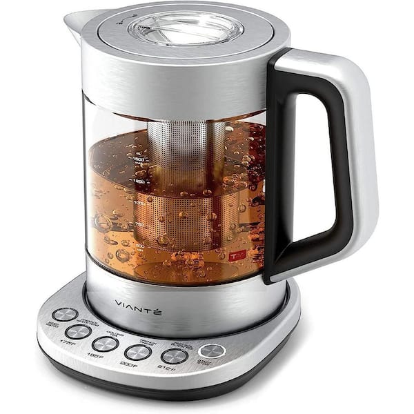 12.91 in. W x 8.07 in. H 6-Cup Silver Stainless Steel Electric Glass Kettle Countertop Tea Infuser Temp. Control