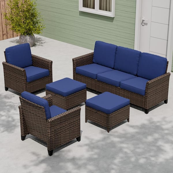 EAGLE PEAK 5-Piece Mix Brown Wicker Patio Conversation Set Wide Armrest 3-Seat Sofa Seating Set with Blue Cushions, Ottomans