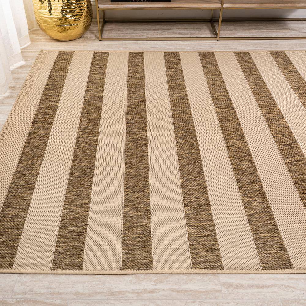 Beige and Brown Stripe Synthetic 8' x 10' Indoor/Outdoor Rug