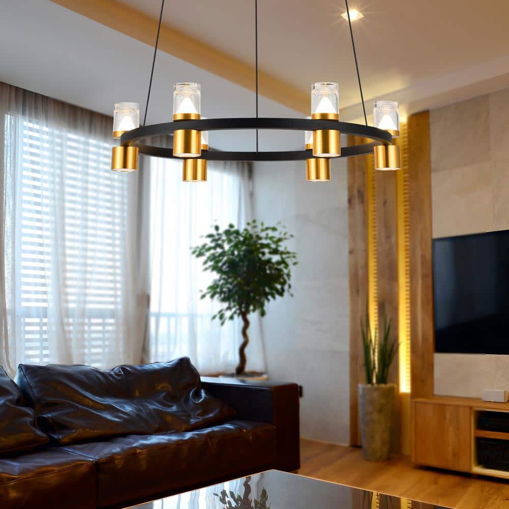 Black and Gold Adjustable LED Ring Chandelier with Crystal Shades