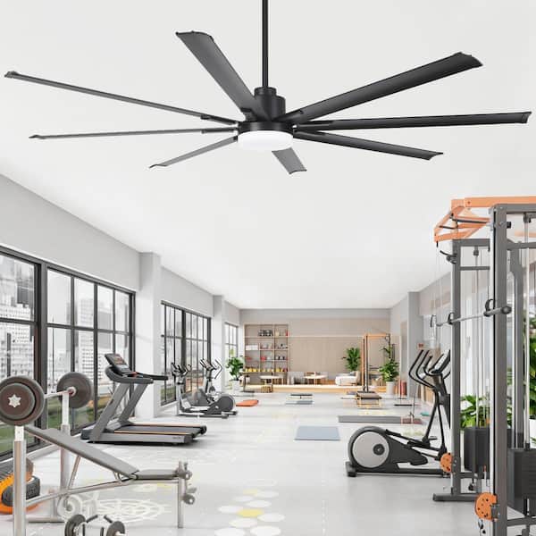 84 in. Matte Black Integrated LED Industrial Downrod Mount Windmill Ceiling Fan with Light and Remote Control