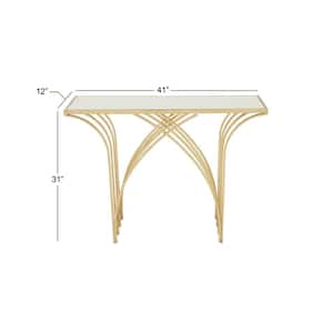 41 in. Gold Extra Large Rectangle Metal Geometric Console Table with Mirrored Glass Top