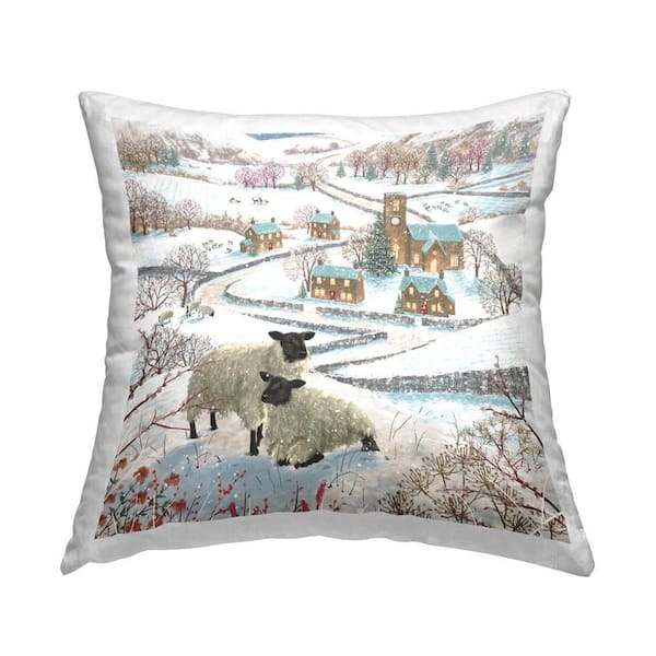 Stupell Industries Winter Town Scenery Off-White Print Polyester 18 in. x 18 in. Throw Pillow