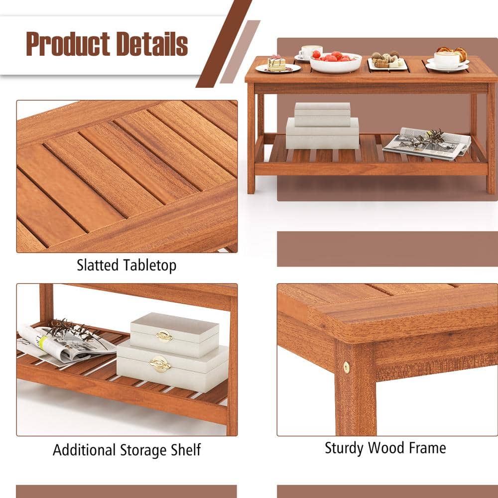 Natural Hardwood 2-Tier Outdoor Coffee Table with Slatted Shelf