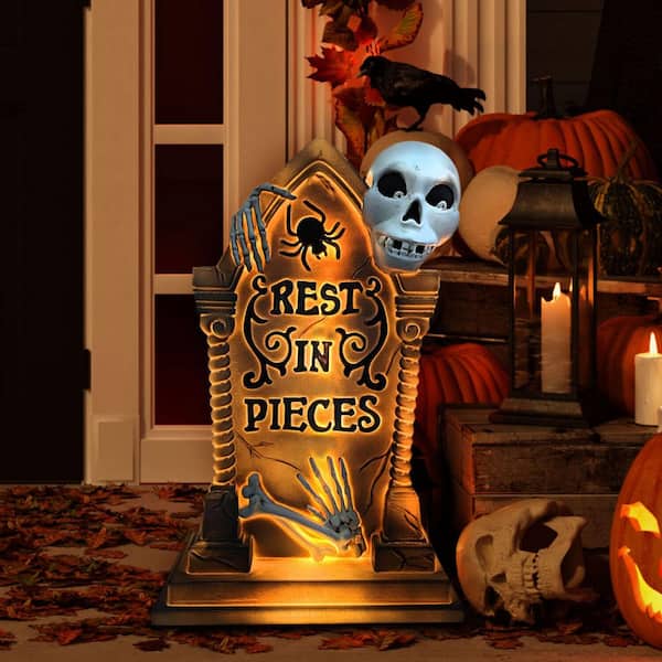 Haunted Hill Farm 25 in. LED Tombstone with Skeleton Blow Mold