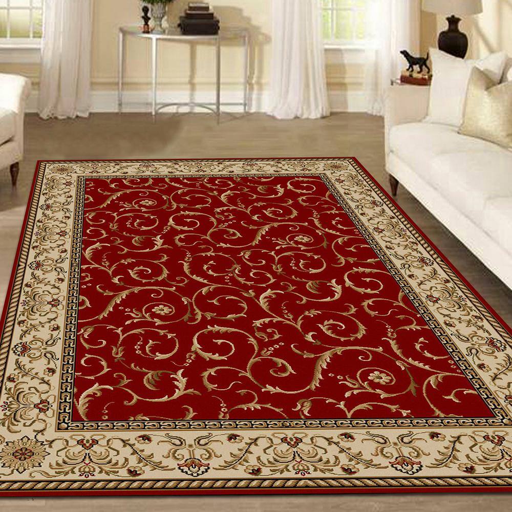 Elegant Red Floral 5'5" x 7'7" Synthetic Rectangular Area Rug