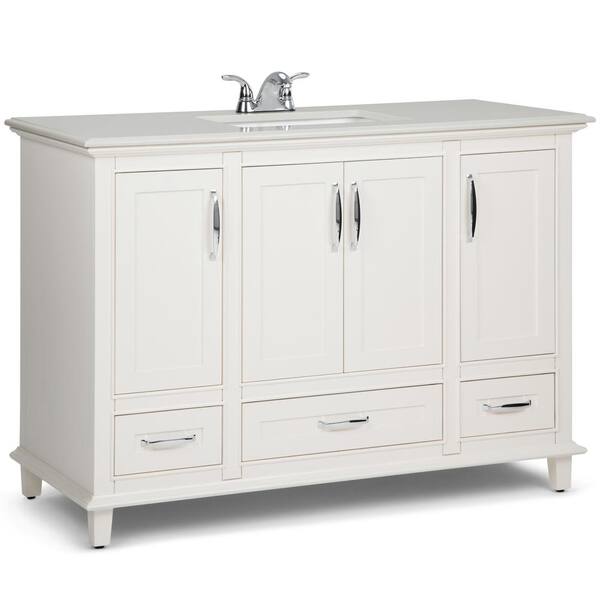 Simpli Home Ariana 48 in. W x 21.5 in. D Bath Vanity in Soft White with Quartz Marble Vanity Top in White with White Basin