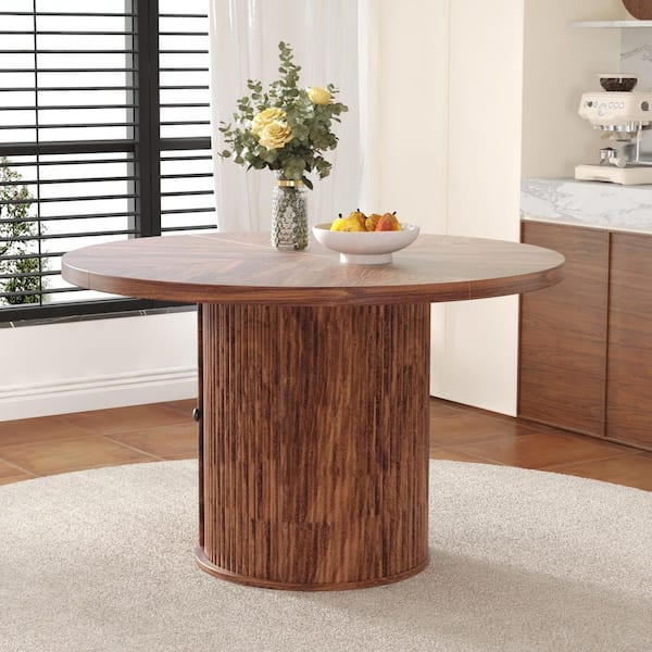 Walnut 47.2 in. W Wood Dining Table with Double-layer Storage Design and Wood Grain Finish