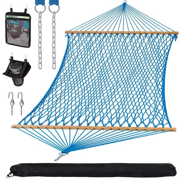 13 ft. Blue Hammocks Traditional Rope 450 lbs Capacity Double Hammock with Hardwood Spreader Bar and Carrying Bag