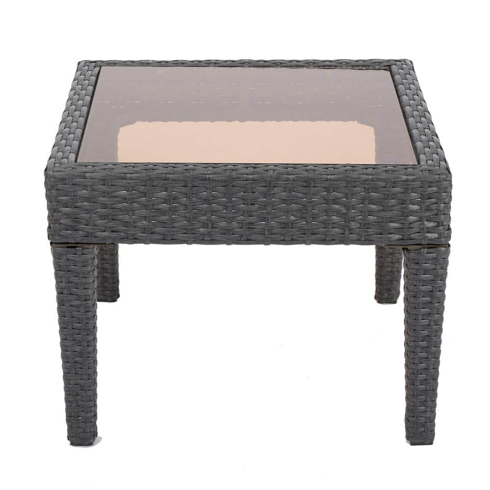 Grey PE Rattan Wicker Outdoor Side Table with Tempered Glass Top