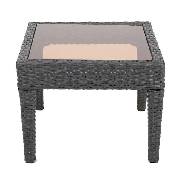 Unbranded Grey PE Rattan Wicker Outdoor Side Table with Tempered Glass Top