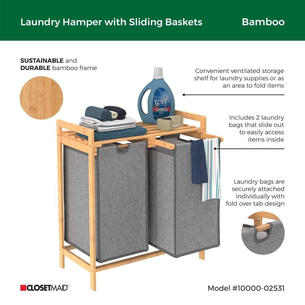 Natural Bamboo Dual Compartment Laundry Sorter with Gray Bags