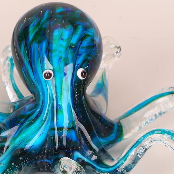 3.14 in x 7.4 in. Blue Hand-Blown Glass Octopus Statue-Murano Art