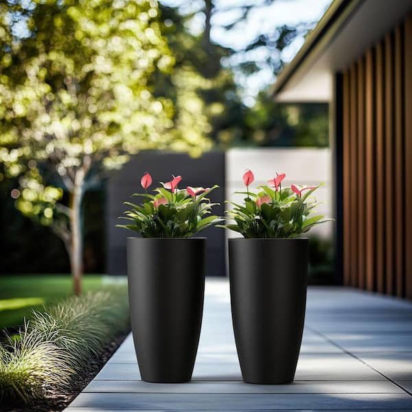 13.5 in. Large Charcoal Black Concrete Round Planter / Pot with Drainage Holes (Set of 2)