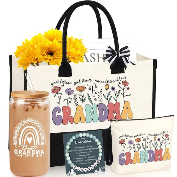 PRIMEPLUS Reusable Grocery Bag, Tote Bag Lunch Bag Grandma Gifts Set from Granddaughter Grandson Grandchildren Grandkids, Beige