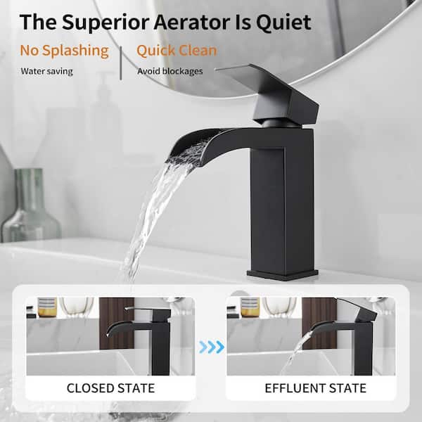 Waterfall Single Handle Single Hole Modern Bathroom Faucet With Pop up Drain Drip-Free Vanity Sink Faucet in Matte Black