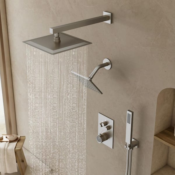 Thermostatic 7-Spray 12 and 6 in. Wall Mount Shower System with Hand Shower 2.5 GPM in Brushed Nickel(Valve Included)
