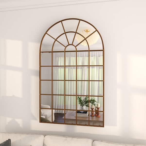 Litton Lane 56 in. x 34 in. Window Pane Inspired Arched Framed Brown Wall Mirror with Arched Top