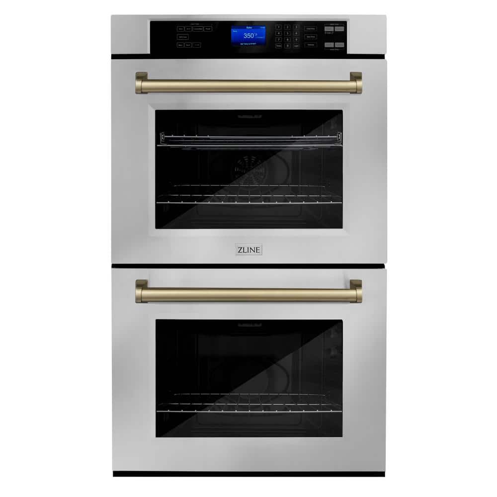 ZLINE Kitchen and Bath Autograph Edition 30 in. Double Electric Wall Oven with True Convection and Champagne Bronze Handle in Stainless Steel, Brushed 430 Stainless Steel & Champagne Bronze