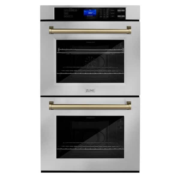ZLINE Kitchen and Bath Autograph Edition 30 in. Double Electric Wall Oven with True Convection and Champagne Bronze Handle in Stainless Steel
