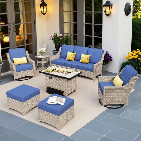 Palffy Gray 7-Piece Wicker Patio Rectangle Fire Pit Conversation Set with Navy Blue Cushions and Swivel Chairs