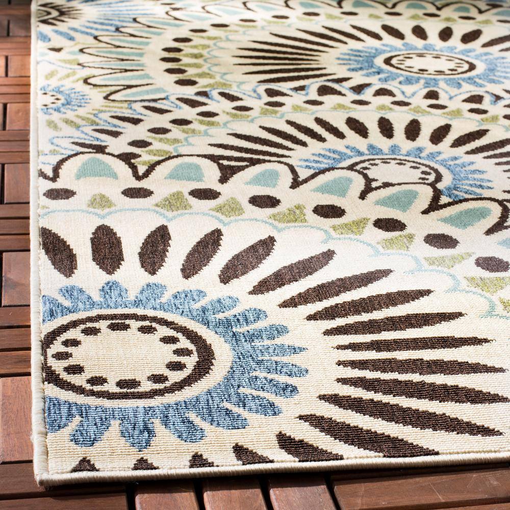 Cream and Blue Geometric Square Indoor/Outdoor Rug