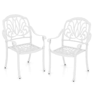 Cast Aluminum Outdoor Dining Chairs Armrests in White Set of 2