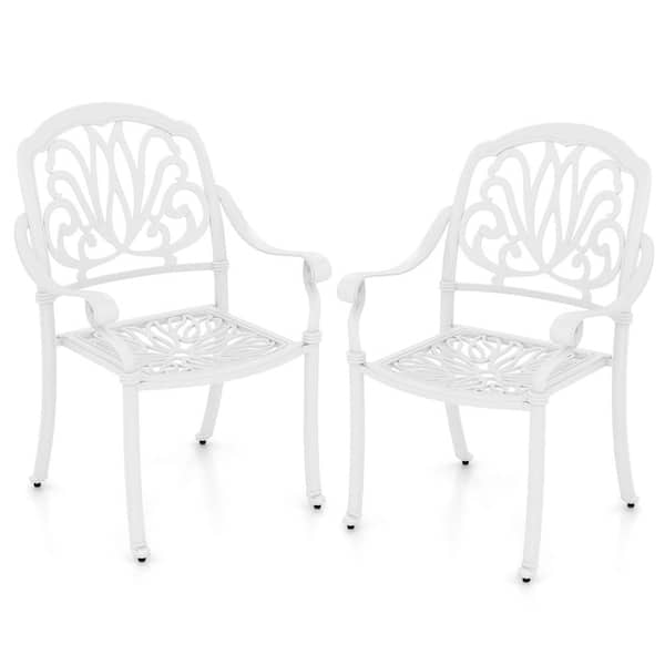 Cast Aluminum Outdoor Dining Chairs Armrests in White Set of 2