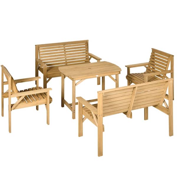 Zeus & Ruta 5-Piece Wooden Patio Dining Set, Outdoor Conversation Set with Armchairs, Loveseats, and Umbrella Hole, Light Brown