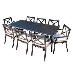 Raymond Black 9-Piece Cast Aluminum Rectangular Outdoor Dining Set with Expandable Table and Ivory Cushions