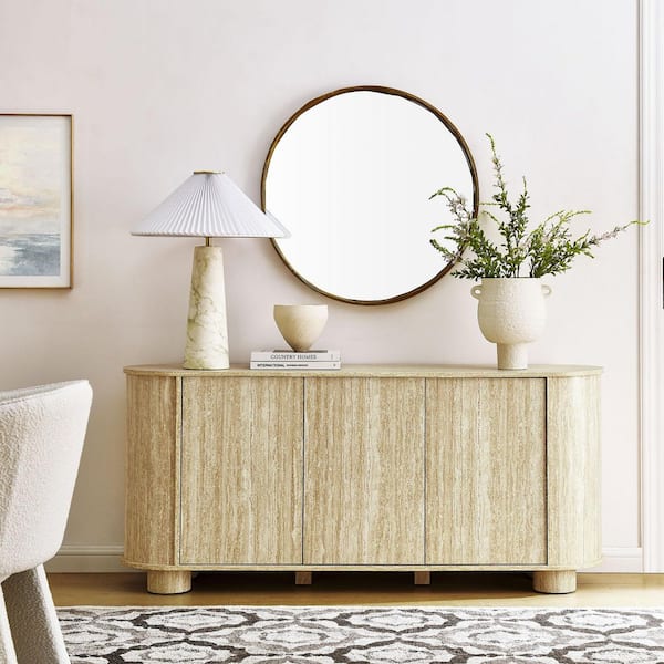 MODWAY Overture Travertine MDF 63 Inch Oval Sideboard with 3 Doors