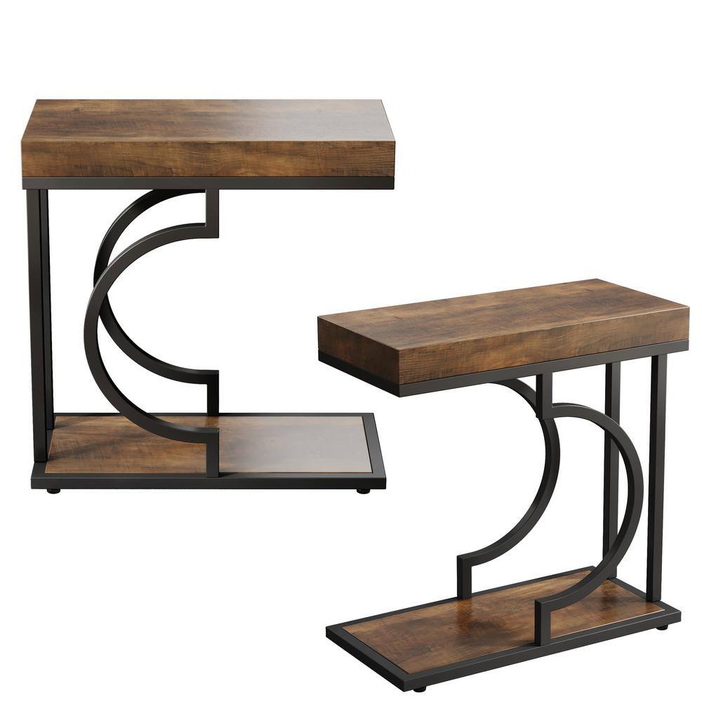 Kerlin 23.6 in. 2 PCS Brown & Black C Shaped Wood Narrow Side Table Modern End Side Table with 2-Shelf