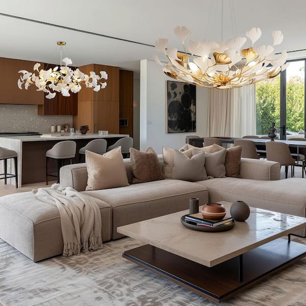 9-Light Gold Chandelier, Luxury Ceramic Ginkgo Branch Chandelier for Living Room, Dining Room, Kitchen Island-L47 in.