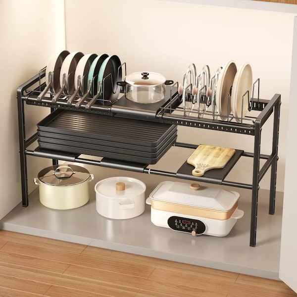 Black 2 Tier Metal Expandable Under Cabinet Pot Rack for Kitchen Under Sink Cookware and Lid Storage