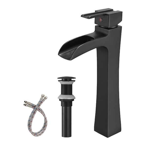 Boyel Living Waterfall Single Hole Single-Handle Vessel Bathroom Faucet with Pop Up Drain in Matte Black
