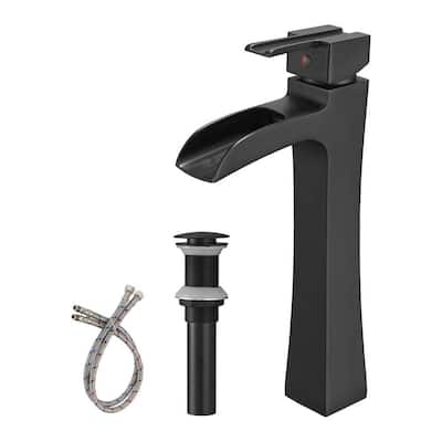 Waterfall Single Hole Single-Handle Vessel Bathroom Faucet with Pop Up Drain without Overflow in Matte Black