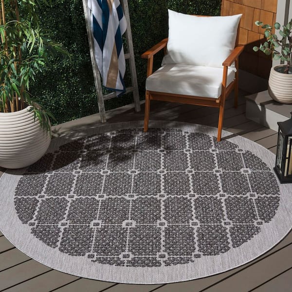 Milos Charcoal 7 ft. x 7 ft. High-Low Geometric Border Round Indoor/Outdoor Area Rug