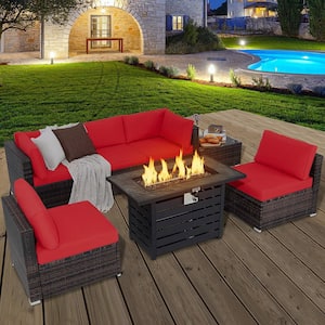 7-Pieces Patio Rattan Furniture Set 42 in. Fire Pit Table with Cover Cushioned Red